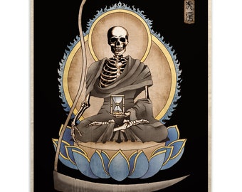 Gothic Art Print Grim Reaper Sitting In Lotus Wall Decor Memento Mori