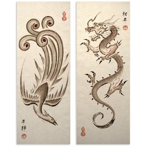 Sumie Asian Dragon and Phoenix Art Poster Prints