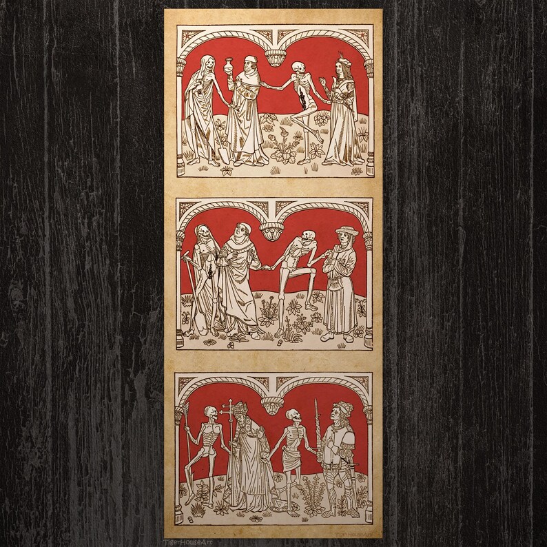 May include: A vertical print featuring three stacked panels depicting a medieval Danse Macabre. Each panel shows skeletons interacting with figures in historical attire against a red background, framed by architectural arches on aged paper.