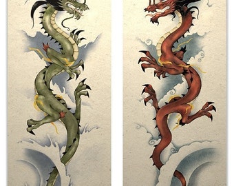 Oriental Asian Red And Green Dragon Art Poster Prints