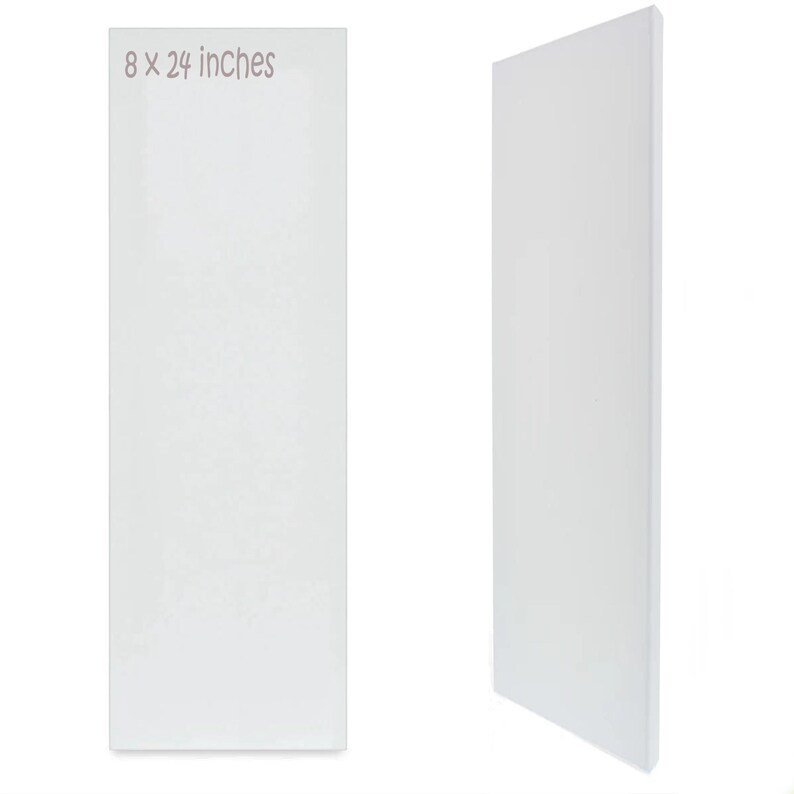May include: A rectangular white canvas for painting, shown from both a front and side perspective. The surface is blank and smooth, with the text 8 x 24 inches printed in the top left corner, indicating the dimensions of the art supply.