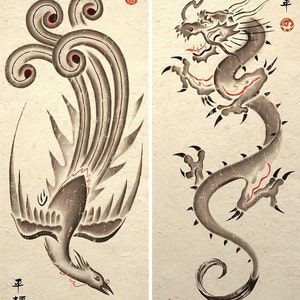 Sumie Asian Dragon and Phoenix Art Poster Prints