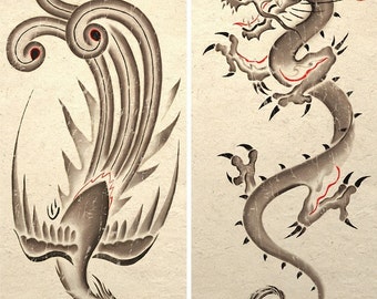 Sumie Asian Dragon and Phoenix Art Poster Prints