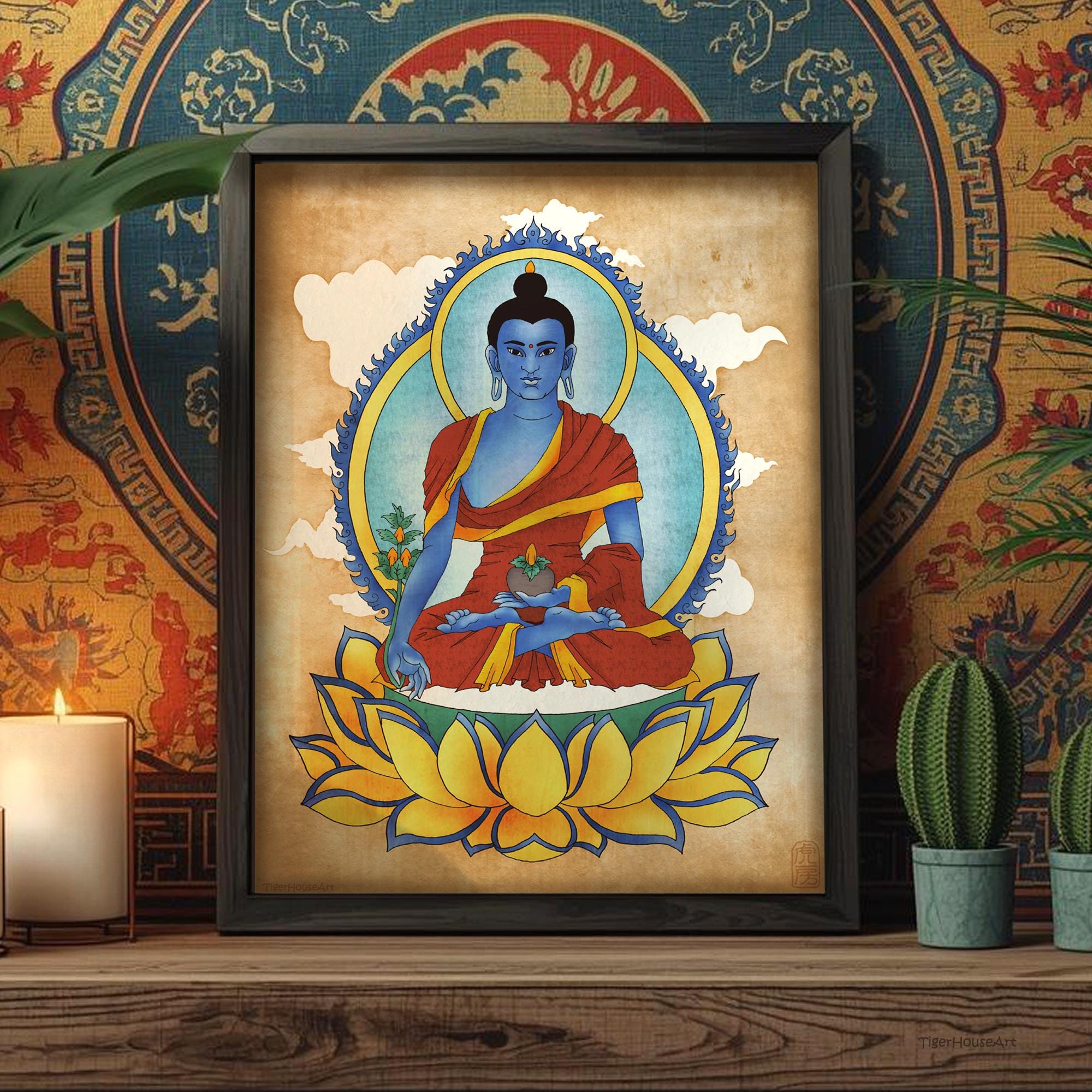 Asian Blue Medicine Buddha Stretched Canvas Artwork, Tibetan Zen