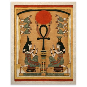 May include: A hand-painted illustration depicting two figures in green robes, each holding a hand up in a gesture of prayer. They are seated on cushions in front of a black ankh symbol with a red sun above it. The background is a yellow-brown color with a red border.