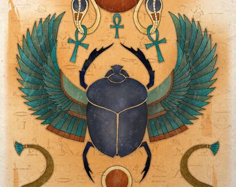 Egyptian Art Print Winged Scarab Sun God Ra