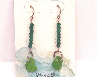 Green Sea Glass Earrings, 14k Gold Filled with Emerals.