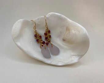 Sea glass earrings - Lavender Sea Glass with genuine Ruby beads in 14k gf