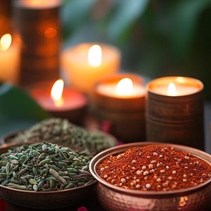 May include: Aromatic spices in copper bowls are arranged with lit candles and scattered pink rose petals. The spices include green seeds and red powder. The candles are in wooden holders.