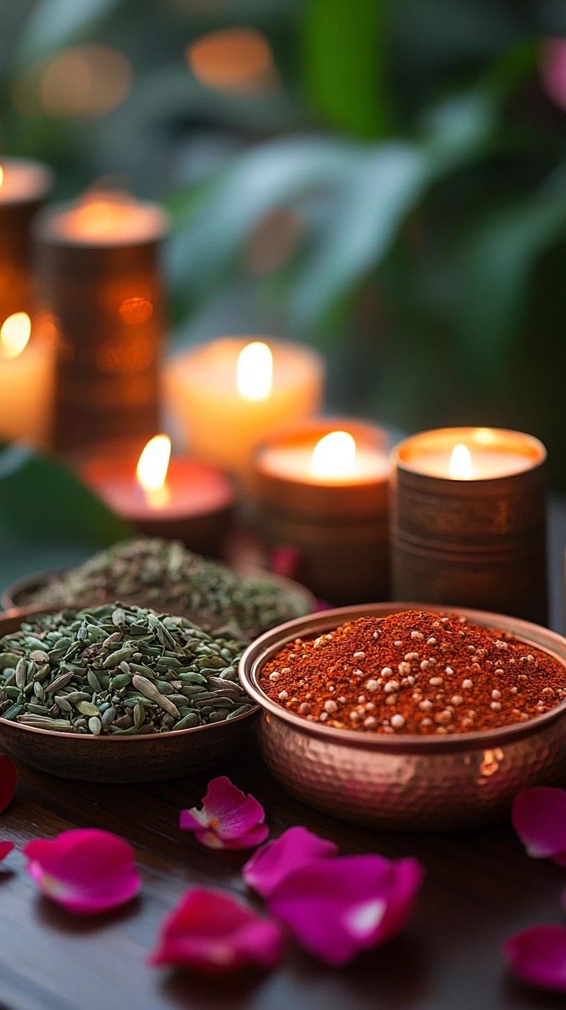 May include: Aromatic spices in copper bowls are arranged with lit candles and scattered pink rose petals. The spices include green seeds and red powder. The candles are in wooden holders.