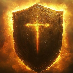 May include: A digital illustration of a shield with a sword in the center, set against a fiery background. The shield and sword are golden, with the cross-shaped sword glowing brightly. The overall theme is one of protection and faith.