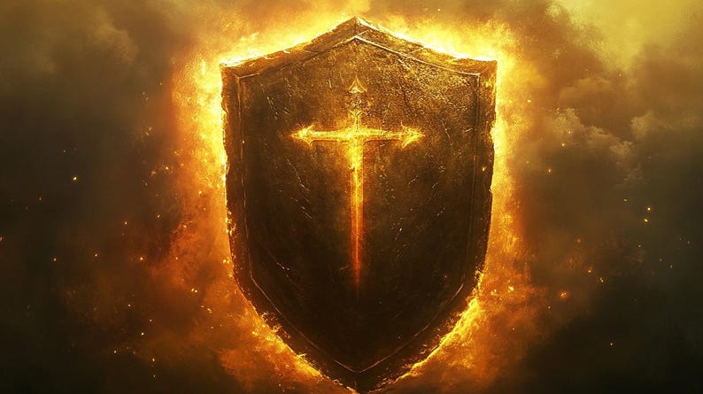 May include: A digital illustration of a shield with a sword in the center, set against a fiery background. The shield and sword are golden, with the cross-shaped sword glowing brightly. The overall theme is one of protection and faith.