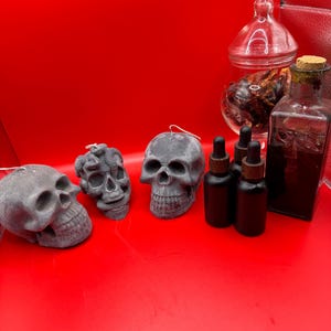 May include: A collection of gothic-themed items on a red background. The items include three gray skull candles, several small black bottles with droppers, a glass jar with a lid, and a square glass bottle with a cork.