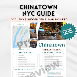 Op de afbeelding: Een Chinatown NYC Guide met de tekst "LOCAL PICKS | HIDDEN GEMS | MAP INCLUDED". De gids bevat een kaart van Manhattan, foto's en een cheat sheet met must-sees, verborgen juweeltjes en top ervaringen.