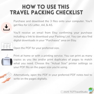 May include: A white graphic with the text "HOW TO USE THIS TRAVEL PACKING CHECKLIST". Instructions include downloading files, finding the download link, and printing the PDF. The image also shows a laptop, printer, and a hand holding a notepad.