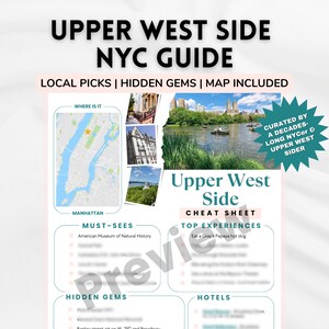 Op de afbeelding: Een wit en roze Upper West Side NYC Guide met de tekst "LOCAL PICKS | HIDDEN GEMS | MAP INCLUDED". De gids bevat een kaart, foto's en secties voor must-sees, verborgen juwelen en hotels.