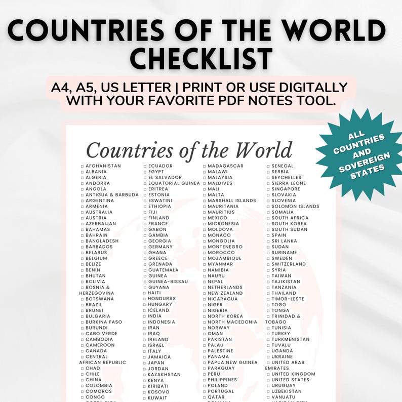 Pics Countries List.pdf Countries of the World Checklist Printable | Travel Bucket List Tracker ...