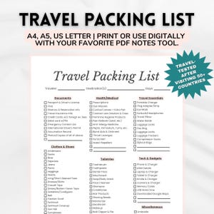 May include: A printable travel packing list with sections for documents, health, travel essentials, clothes, toiletries, tech, and miscellaneous items. The list includes checkboxes for easy tracking. The text "TRAVEL PACKING LIST" is at the top.