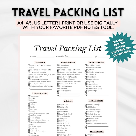 Printable Travel Packing List: Editable Vacation Checklist (PDF Download)