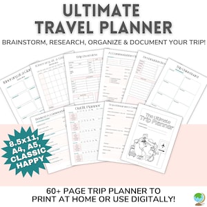Pacote de planejador de viagem com mais de 60 páginas para impressão | Rastreador de viagens | Planejador de viagens | Planejador de itinerários de viagens | Diário de viagens | Carta, A4, A5
