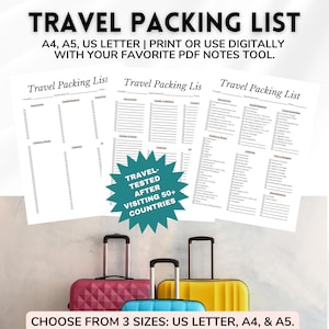 May include: A travel packing list with three different layouts, with the text "TRAVEL PACKING LIST" at the top. The list is available in US Letter, A4, and A5 sizes. The image also shows four suitcases in different colors.