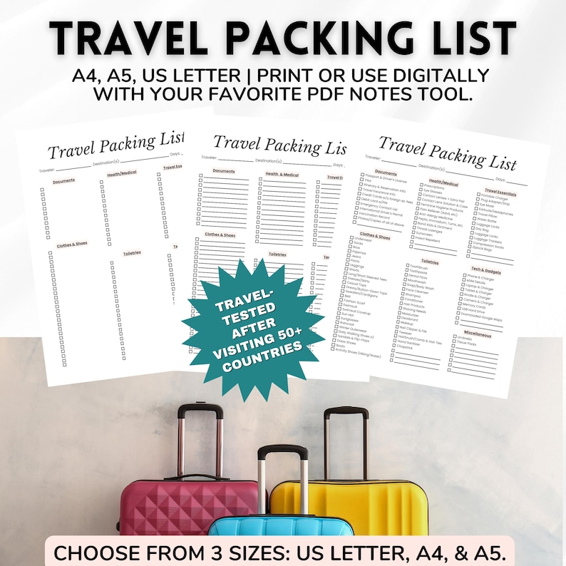 May include: A travel packing list with three different layouts, with the text "TRAVEL PACKING LIST" at the top. The list is available in US Letter, A4, and A5 sizes. The image also shows four suitcases in different colors.