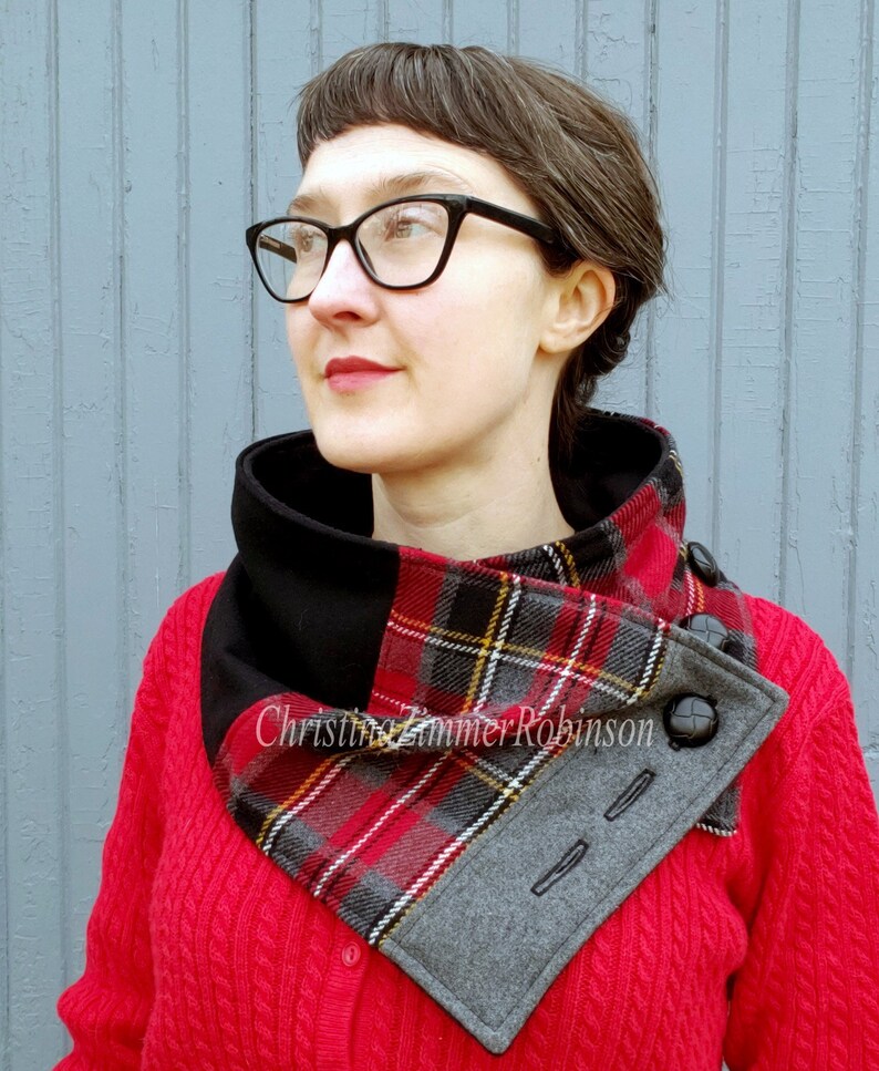 Red Black and Gray Plaid Colorblock Neck Warmer Button Scarf Etsy