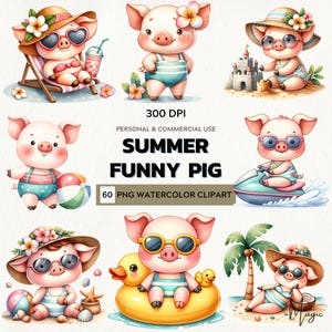 Joyful Summer Vibes – Watercolor Clipart Set of Cute Summer Pigs
