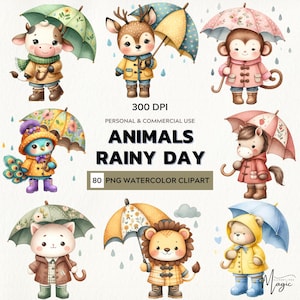 Rainy Day Whimsy – Watercolor Clipart set of Cute Animals