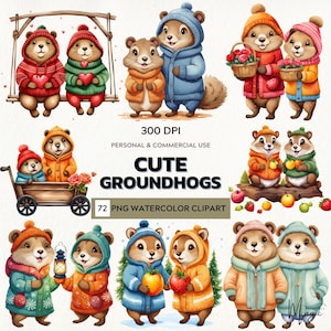Cozy Curiosity – Watercolor Clipart Set of Cute Groundhogs