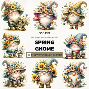 Spring Gnomes Watercolor Clipart: Joyful Bloom PNG Set (Digital Download)