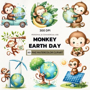 Playful Earth Love – Watercolor Clipart Set of Cute Monkeys