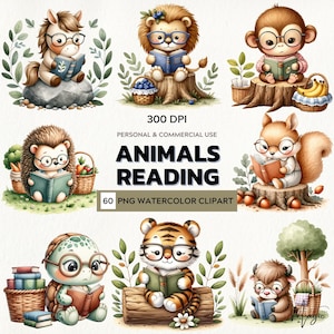 Cozy Curiosity – Watercolor Clipart Set of Cute Animals Reading Books