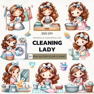 Fresh & Cheerful – 60 Watercolor Clipart PNGs of Cute Cleaning Ladies