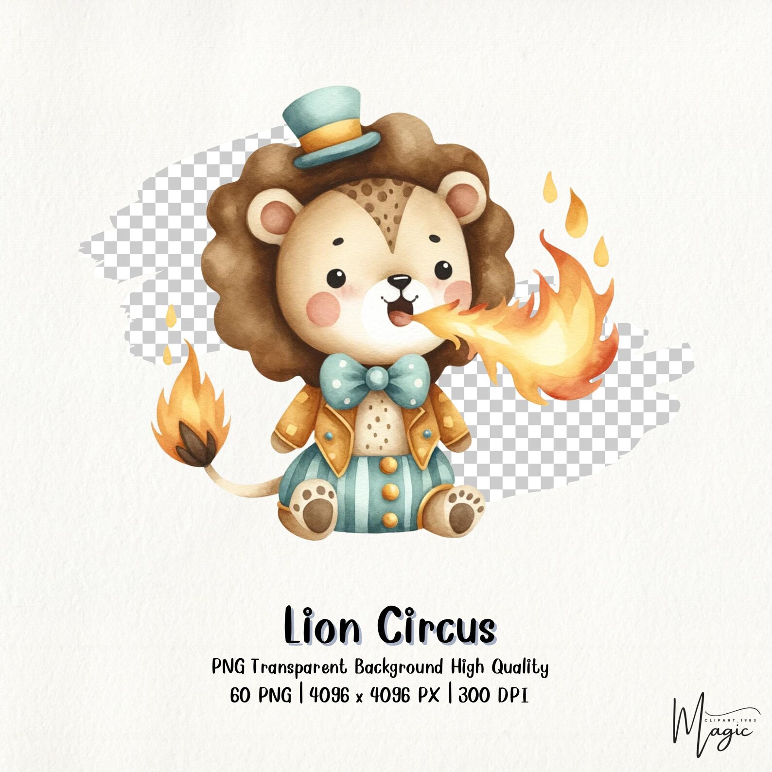 Watercolor Circus Lion Clipart: 60 PNG Illustrations (digital Download ...