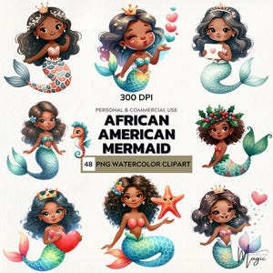 Melanin Mermaid – Watercolor Clipart Set of Magical Sea Queens