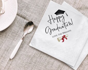 Happy Graduation Napkins/Graduation Party Decor/2025 Graduation Napkins/Personalized Napkins/Grad Party Napkins/Grad Cap Cocktail Napkins