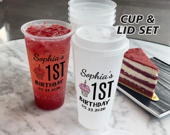 Personalized First Birthday Frosted Cups/1st Birthday Party Decorations/Birthday Stadium Plastic Cups/Celebration 1st Birthday Plastic Cups