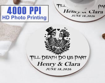 Till Death Do Us Part Skeleton Coaster Set for Couples/Personalized Halloween Wedding Drink Coasters with Names/Engagement Party & Bar Decor