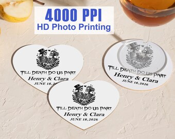 Till Death Do Us Part Halloween Wedding Coasters – Custom Skull Skeleton Drink Mats/Rehearsal Dinner & Bar Decor/Gothic Wedding Party Favors