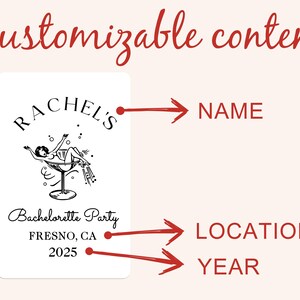 May include: A black and white illustration of a woman in a martini glass with the text "Rachel's Bachelorette Party Fresno, CA 2025".