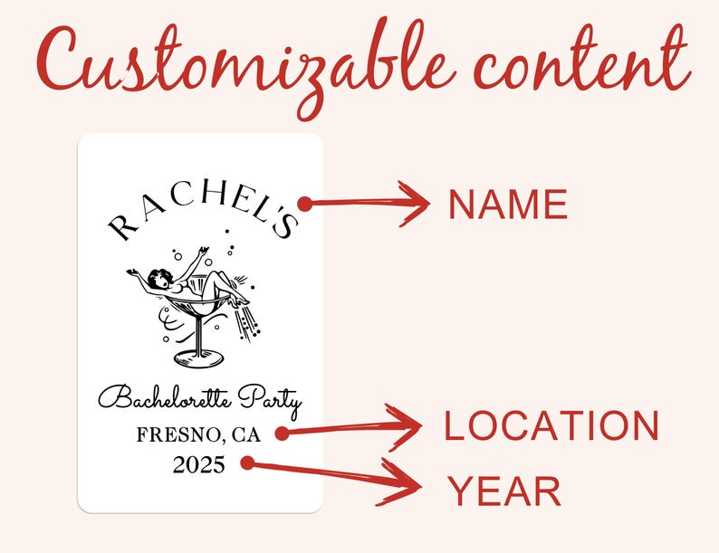 May include: A black and white illustration of a woman in a martini glass with the text "Rachel's Bachelorette Party Fresno, CA 2025".
