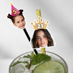 Custom Birthday Face Drink Stirrers & Straws Set/Head Photo Cocktail Stir Sticks/Birthday Party Swizzle Sticks for Any Age/Party Decorations