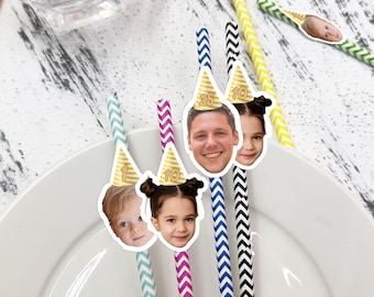 Custom Face Straw - Personalized Face Confetti Birthday Straws - Photo Straws for Birthday Party Decor - Birthday Party Straws - Head Straws