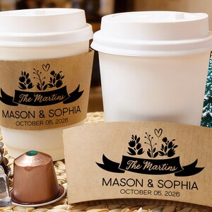 Custom Wedding Coffee Cups with Lids & Sleeves/Personalized Hot Drink Cups/Bridal Shower Favors/Coffee Bar To Go Cups/Engagement Party Decor