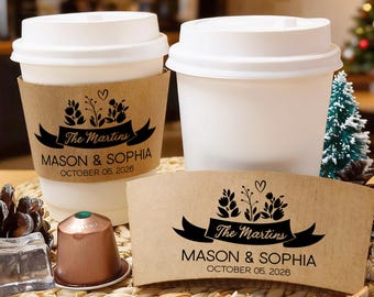 Custom Wedding Coffee Cups with Lids & Sleeves/Personalized Hot Drink Cups/Bridal Shower Favors/Coffee Bar To Go Cups/Engagement Party Decor