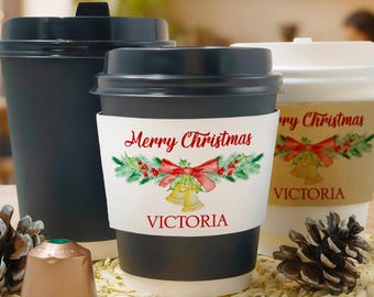 Personalized Christmas Coffee Cups & Lids with Sleeves, Custom Hot Chocolate Cups, Christmas Coffee Cup, Holiday Reception Coffee Bar Flavor