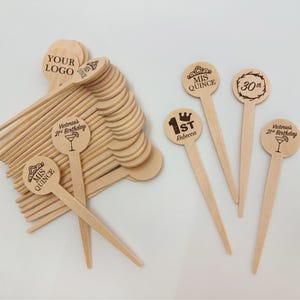 Personalized Birthday Party Food Picks, Custom Wooden Sticks for Appetizers, Garnishes, Sandwiches, Skewer, Charcuterie, Cocktail Party Food