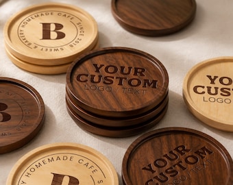 Houten onderzetters met logo op maat, gegraveerde onderzetters in bulk voor bedrijven, restaurants, huwelijksbedankjes, relatiegeschenken, gepersonaliseerde onderzetters met branding.