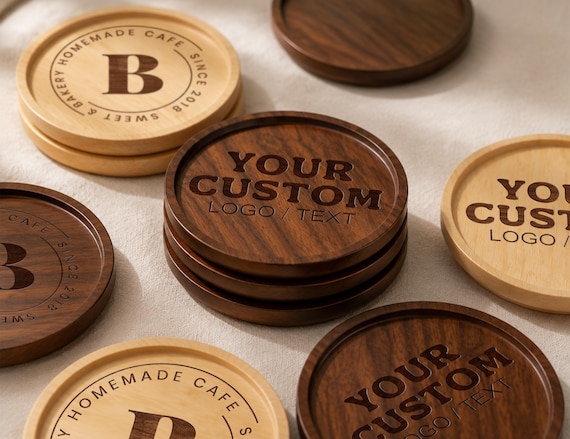 Custom Logo Wooden Coaster, Bulk Engraved Coasters for Business, Restaurant, Wedding Favors, Corporate Gifts, Personalized Branding Coasters